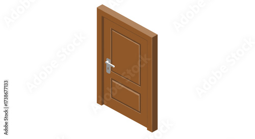 Isometric wooden door with silver handle on white background