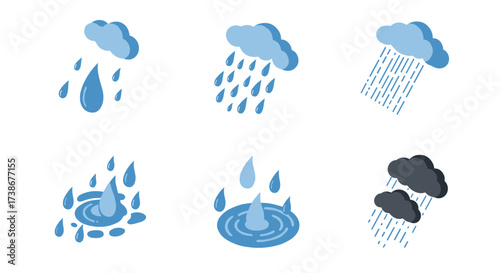 Collection of isometric rain cloud designs with droplets and storm elements