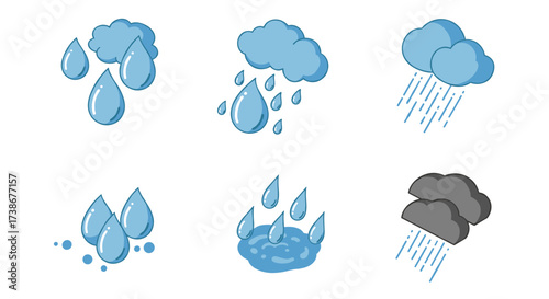 Cute weather icons featuring rainclouds and raindrops in cartoon style