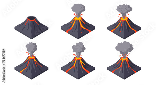 Isometric volcano eruption stages with smoke and lava