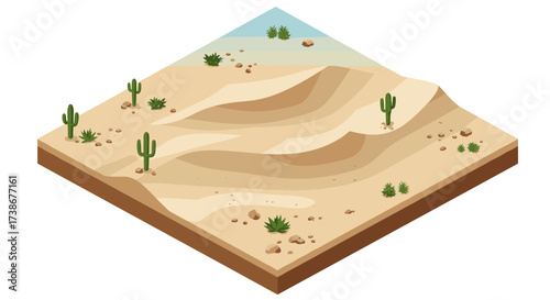 Isometric desert landscape with sand dunes and cacti on a sunny day