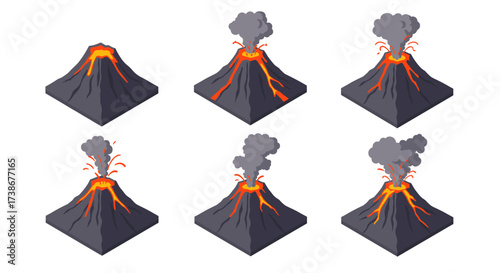 Set of isometric volcano eruption stages with lava and smoke