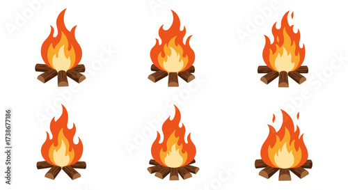 Collection of campfire icons: warm flames and wooden logs in flat design
