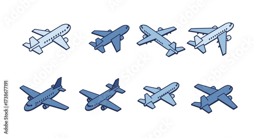Isometric airplane set with multiple views and blue tones