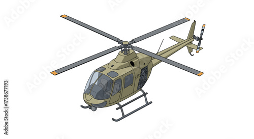 Military helicopter isometric design with detailed features in camouflage