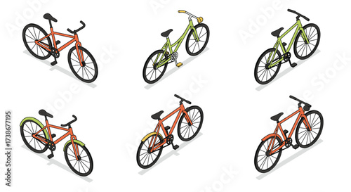 Isometric bicycles set showcasing various designs and colors