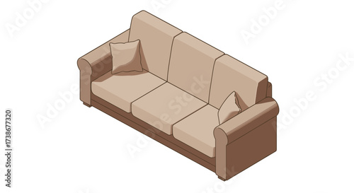 Comfy isometric sofa with cushions in neutral tones