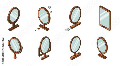 Isometric set of mirror designs with wooden frames and unique shapes