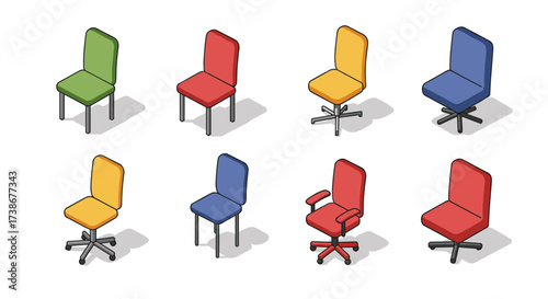Isometric collection of colorful office chairs on white background