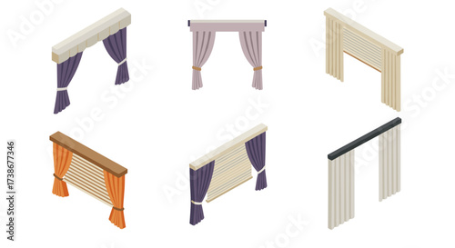Isometric window treatments collection: curtains, blinds, drapes in various styles