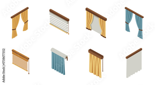 Isometric curtains and blinds set in various colors and styles for home decoration