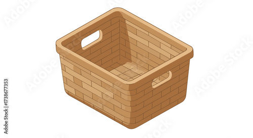 Isometric brown wicker basket with handles on white background