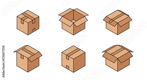 Isometric cardboard boxes set: open and closed packaging designs