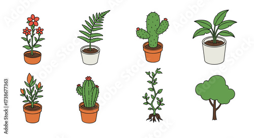 Charming cartoon plants in pots and nature elements