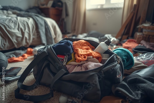Packed gym bag with deodorant in bedroom