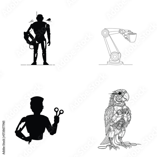 Collection of robotic designs featuring a droid robotic arm holding a cup robotic barber and a steampunk parrot illustration