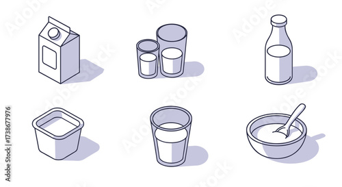 Minimalist isometric dairy icons set with milk carton, glasses, and yogurt