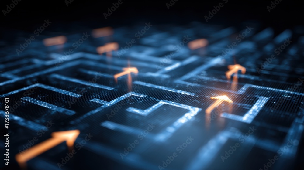 Obraz premium Futuristic Maze with Digital Elements and Glowing Arrows Representing Concept of Navigation, Technology, and Problem Solving in a Virtual Environment