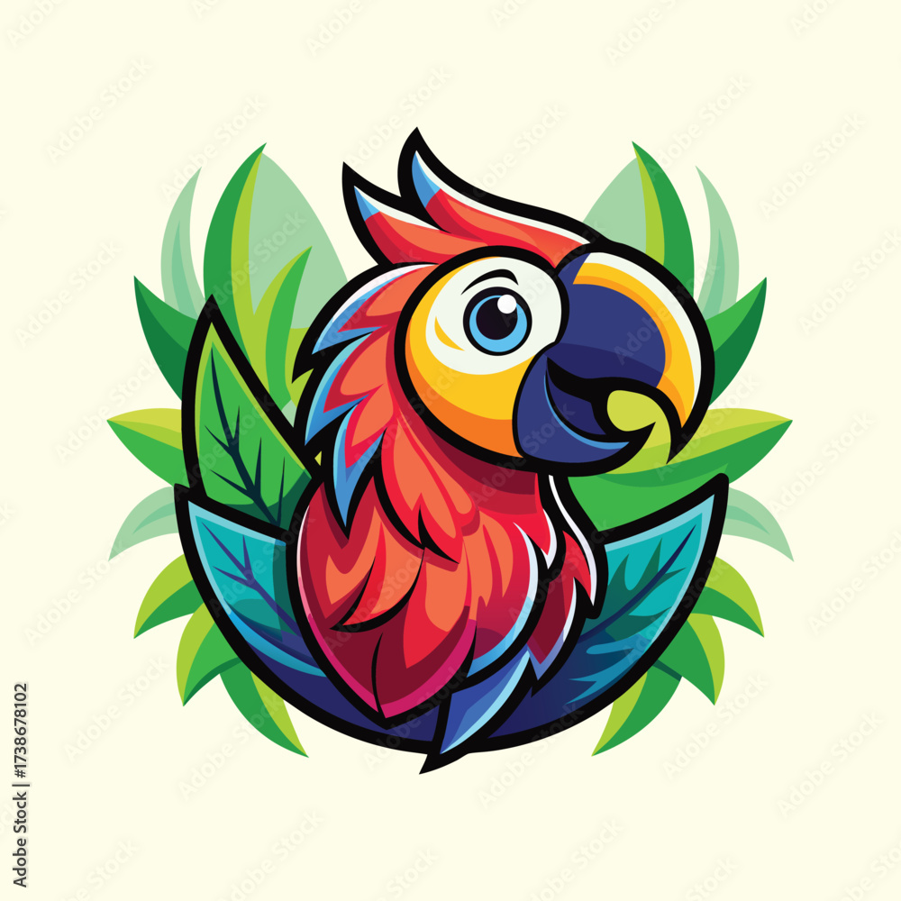 Obraz premium Macaw parrot head cartoon mascot, vibrant tropical bird character with jungle leaves for a zoo or travel logo.