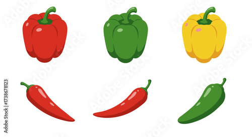 Colorful bell and chili peppers set in cartoon style