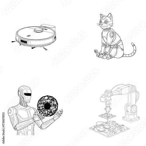 Line art showcasing robotic innovations including a vacuum cat humanoid and arm highlighting technology and automation advancements