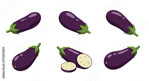 Multiple eggplants in various angles and slices