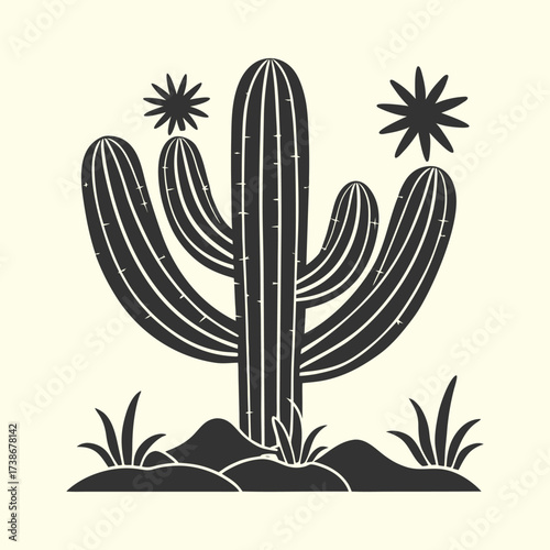 Saguaro cactus desert scene vector icon, vintage graphic illustration for Southwestern or Mexican themes.