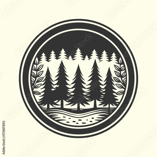 Pine tree forest landscape in a vintage circular badge, vector logo emblem for outdoor adventure, camping, or national park themes.
