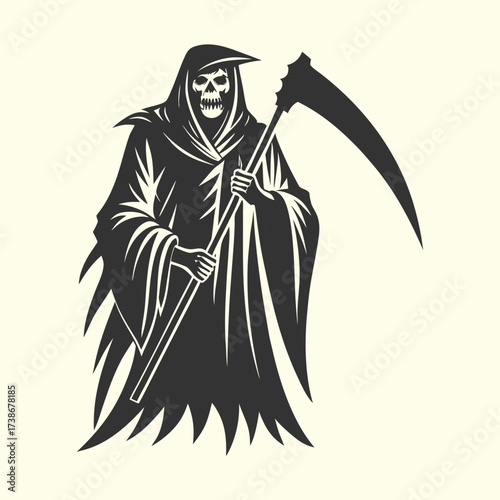  Grim Reaper with scythe vector illustration, Angel of Death character for Halloween horror or tattoo design.