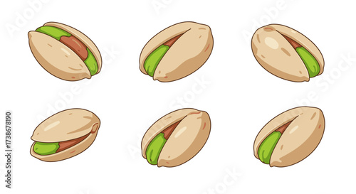 Colorful pistachios: six cartoon nut variations with open shells