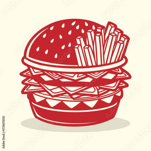 Stacked burger with french fries vintage icon, retro fast food combo meal illustration