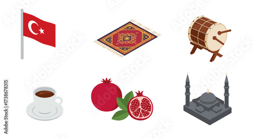 Traditional turkish symbols: coffee, carpet, mosque, and more in isometric style
