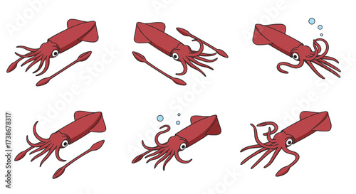 Cartoon squid transforming into a pen with funny expressions and bubbles