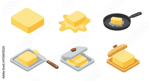 Isometric butter illustrations: block, melting, cooking, and serving styles