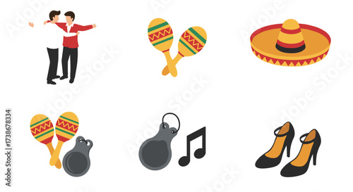 Colorful mexican symbols collection: sombrero, maracas, flamenco dance elements