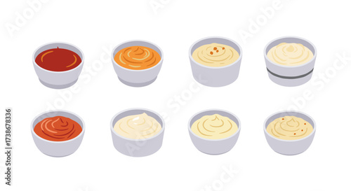 Assorted sauces in minimalist style: tomato, cheese, and mustard variations in small cups
