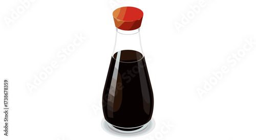 Isometric bottle of soy sauce with red cap on white background