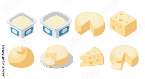 Assorted cheese and cream icons in isometric style
