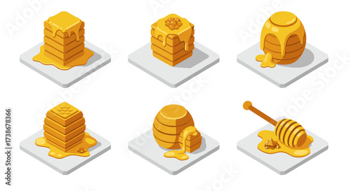 Isometric honey icon set featuring honeycombs and dripping honey jars