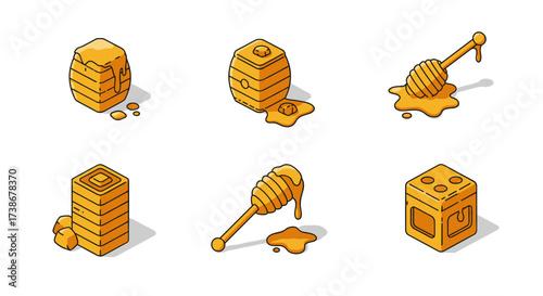 Isometric honey elements with shadow effects and minimalist design