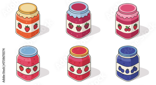 Colorful jars of fruit preserves in isometric art style
