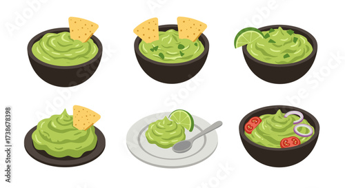 Various guacamole servings with tortilla chips and lime in flat style