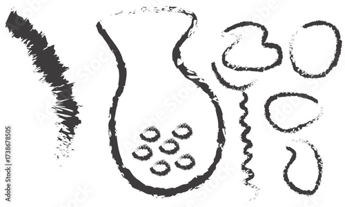 Collection of rustic hand-drawn brushstroke elements including a textured stroke, a primitive vase, and various abstract outlined shapes.