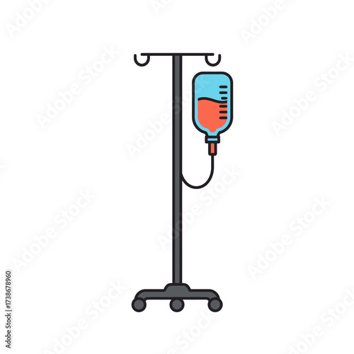 Medical intravenous drip stand with fluid bag illustration.