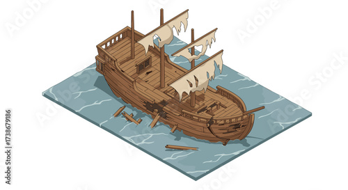 Isometric wooden shipwreck on water with tattered sails and broken hull
