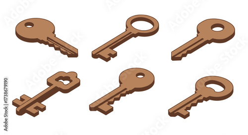 Isometric brown keys collection on white background