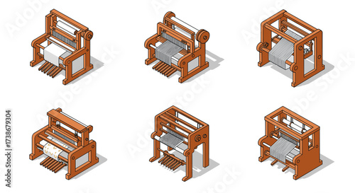 Vintage isometric loom set showcasing traditional weaving machines in detailed wooden designs