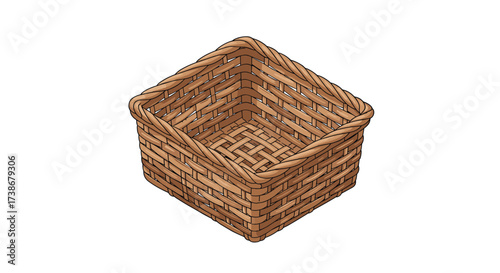 Isometric woven basket with lid in natural brown tones