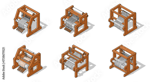 Isometric wooden looms collection: detailed textile machinery designs