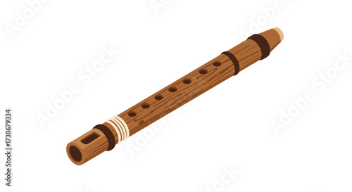 Isometric wooden flute with detailed design on a white background